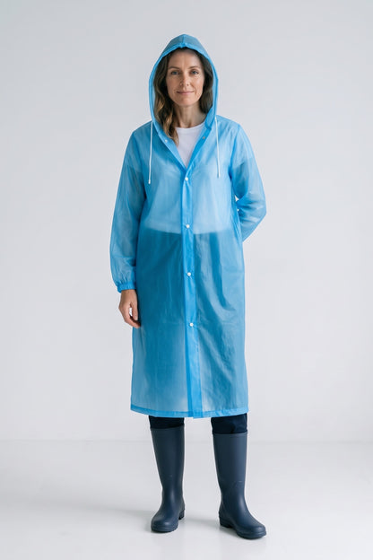 Women's Long Hooded Raincoat | Snap Front — Blue — front view — on model