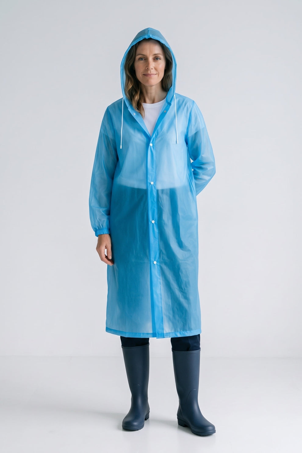Women's Long Hooded Raincoat | Snap Front — Blue — front view — on model