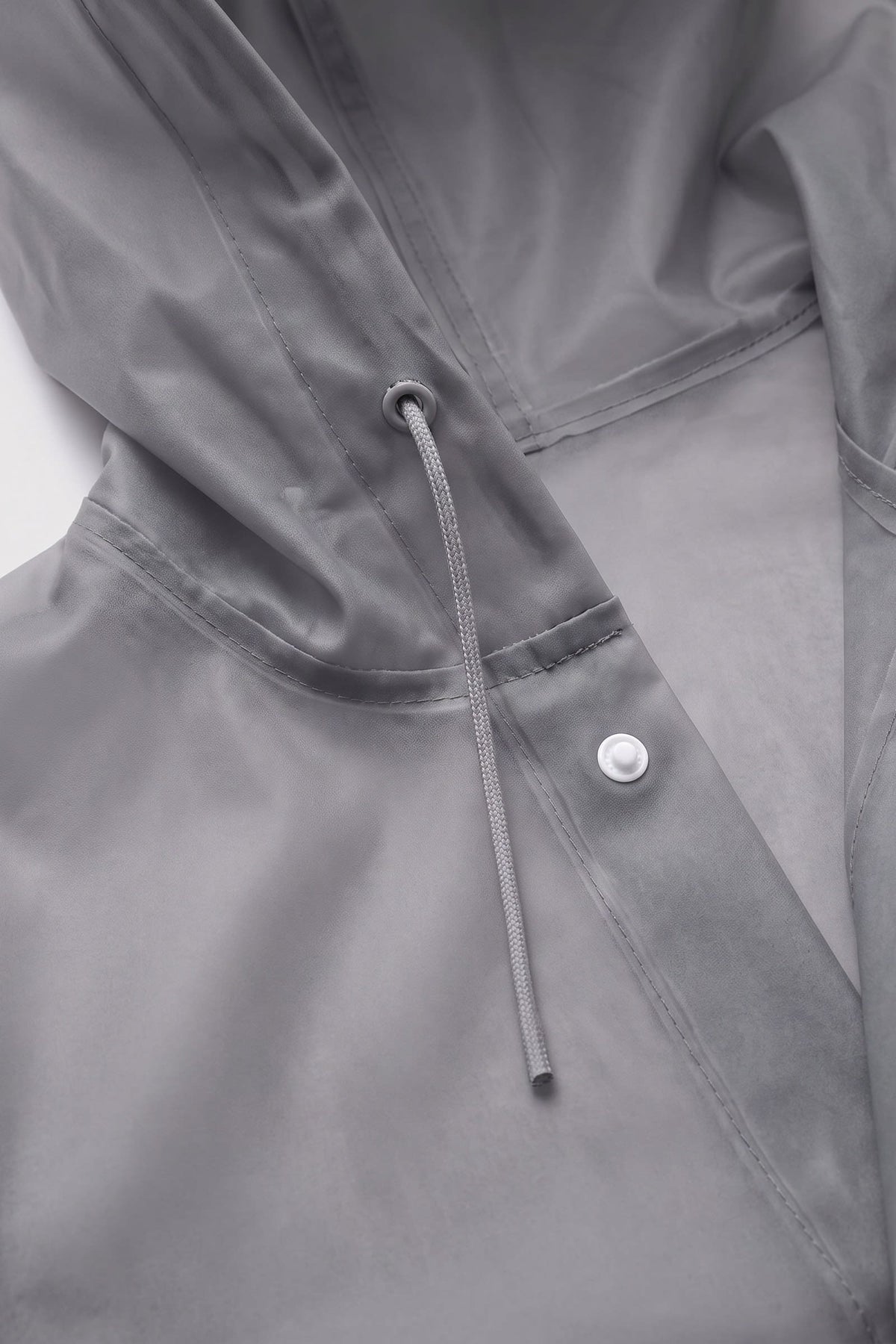 Women's Long Hooded Raincoat | Snap Front — Grey — detail — on model