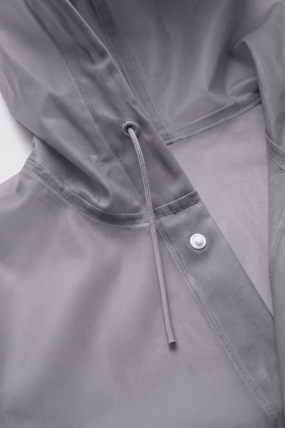 Women's Long Hooded Raincoat | Snap Front — Grey — detail — on model