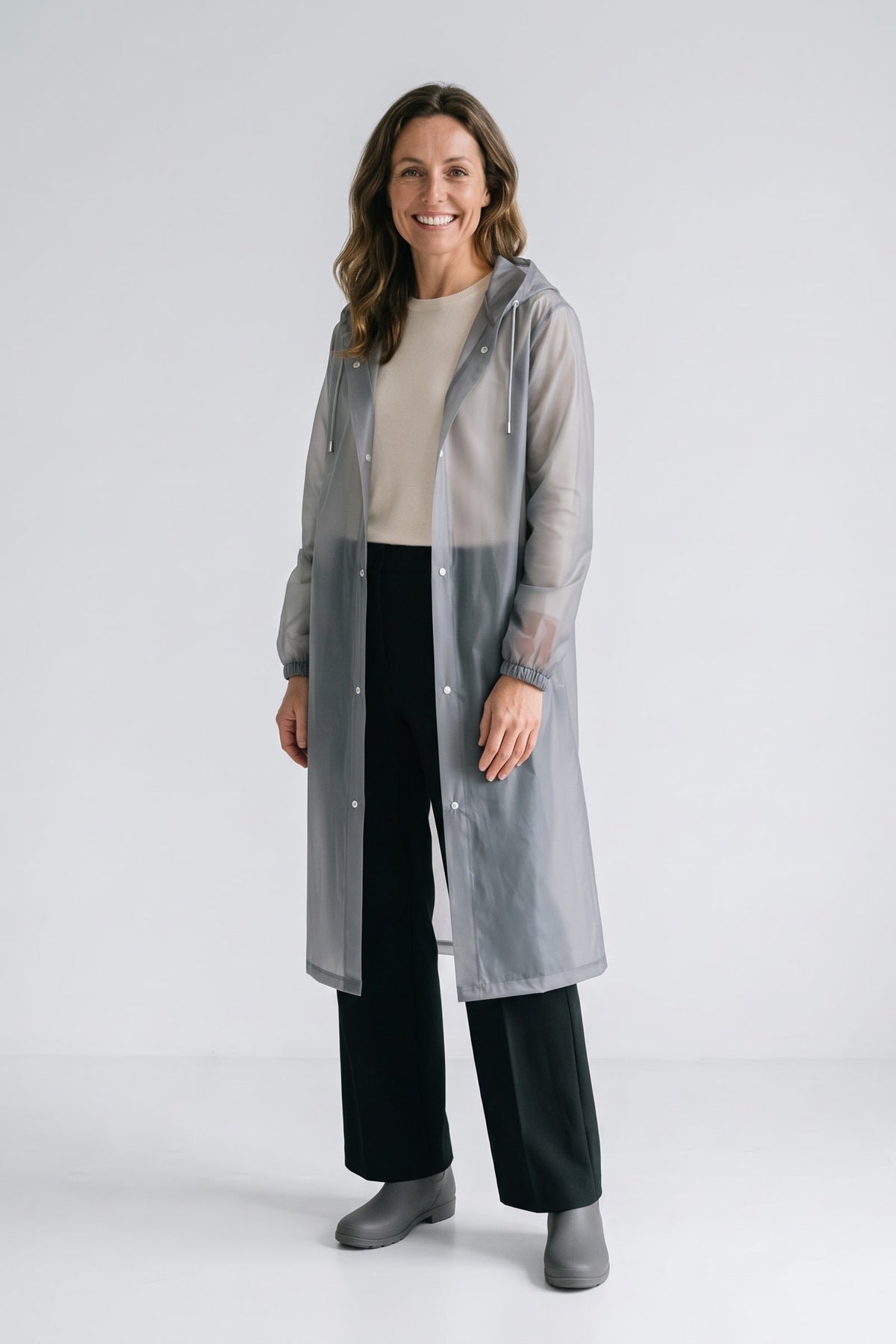 Women's Long Hooded Raincoat | Snap Front — Grey — front view — on model