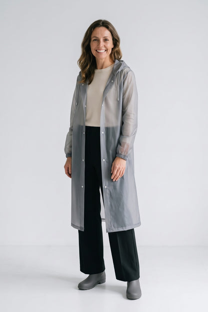 Women's Long Hooded Raincoat | Snap Front — Grey — front view — on model