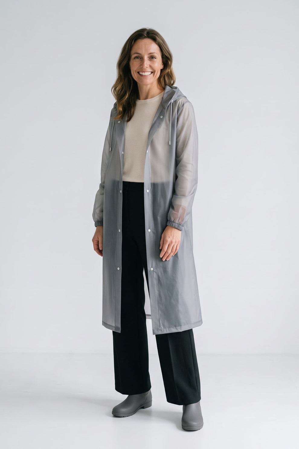 Women's Long Hooded Raincoat | Snap Front — Grey — front view — on model