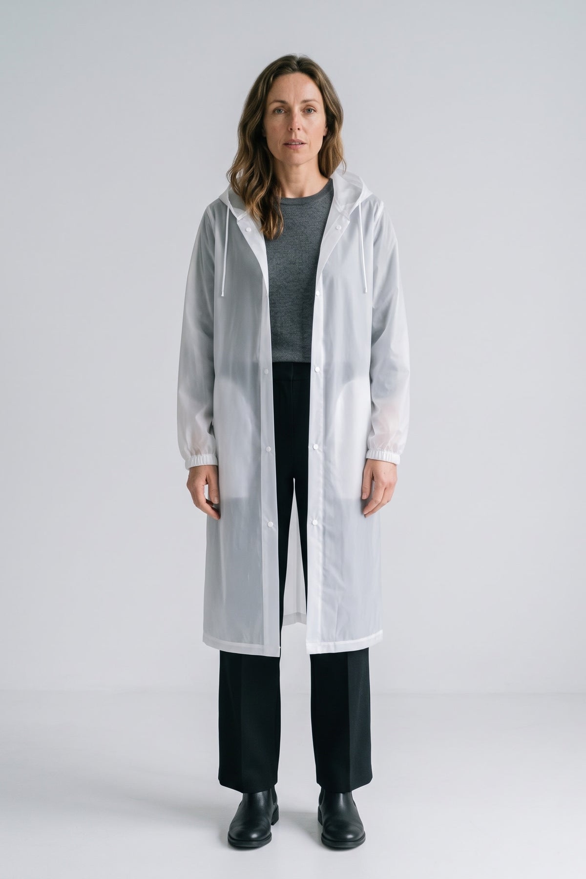 Women's Long Hooded Raincoat | Snap Front — White — front view — on model