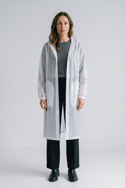 Women's Long Hooded Raincoat | Snap Front — White — front view — on model