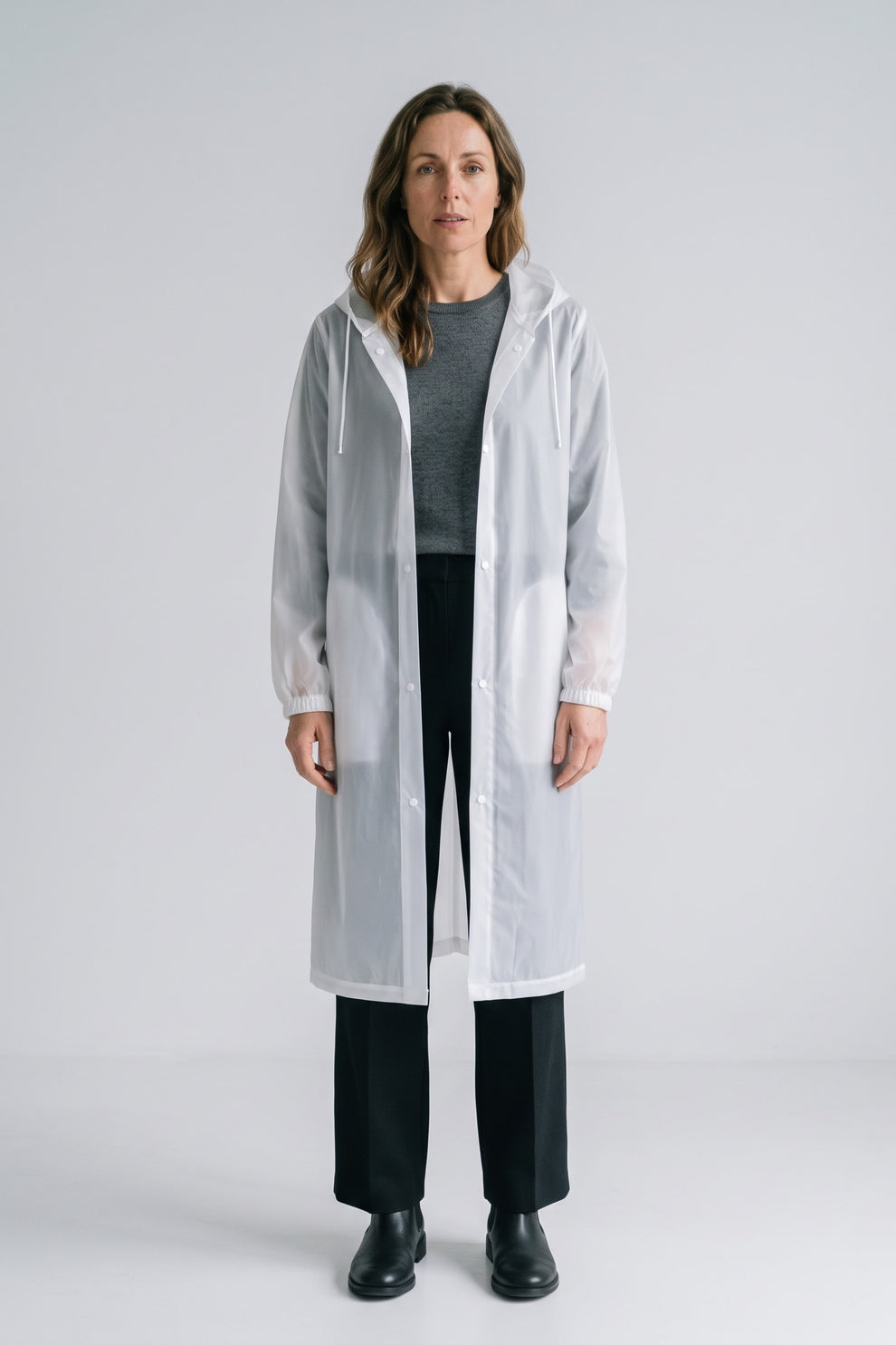 Women's Long Hooded Raincoat | Snap Front — White — front view — on model