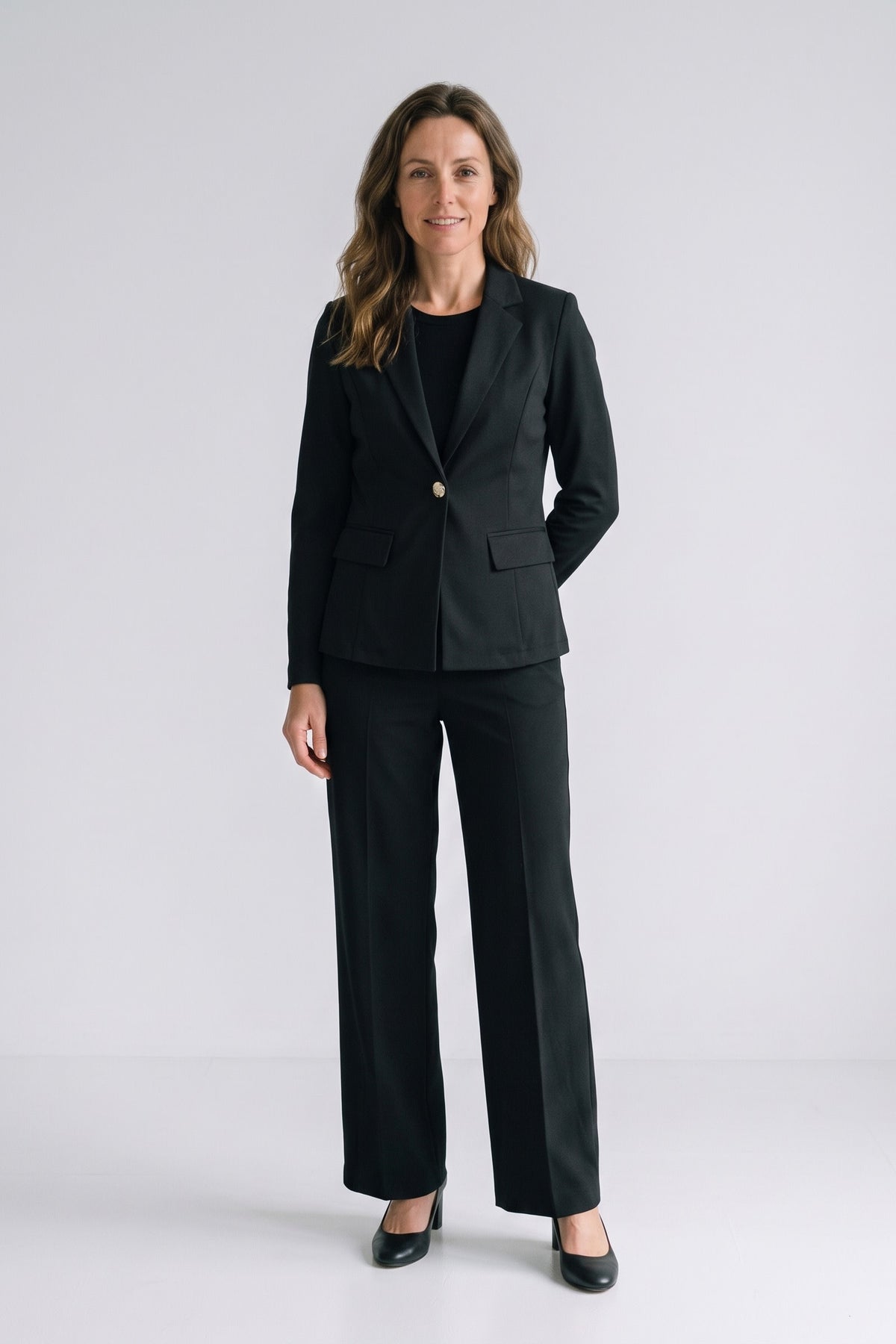 Women's Longline Blazer | Notched Lapel — Black — front view — on model