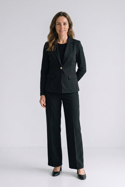 Women's Longline Blazer | Notched Lapel — Black — front view — on model