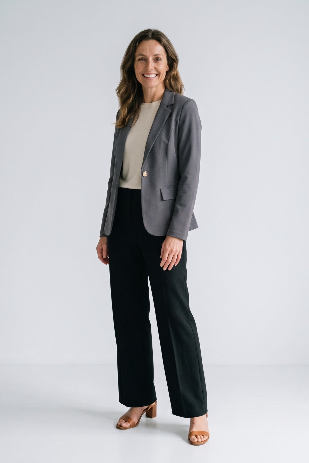 Women's Longline Blazer | Notched Lapel — Grey — front view — on model