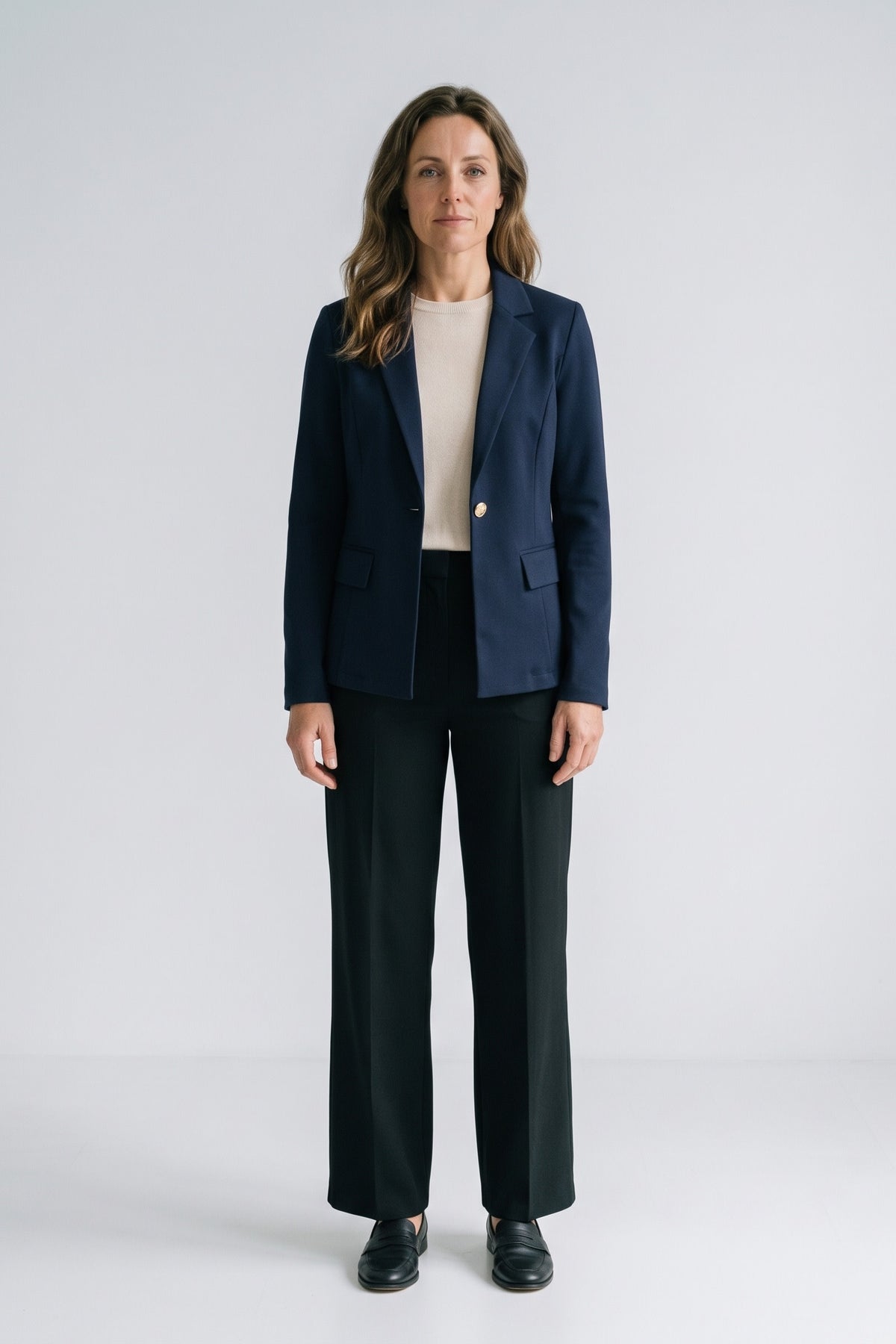 Women's Longline Blazer | Notched Lapel — Navy — front view — on model