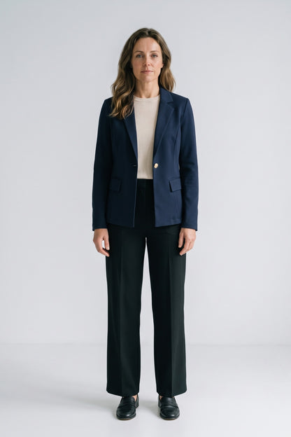Women's Longline Blazer | Notched Lapel — Navy — front view — on model