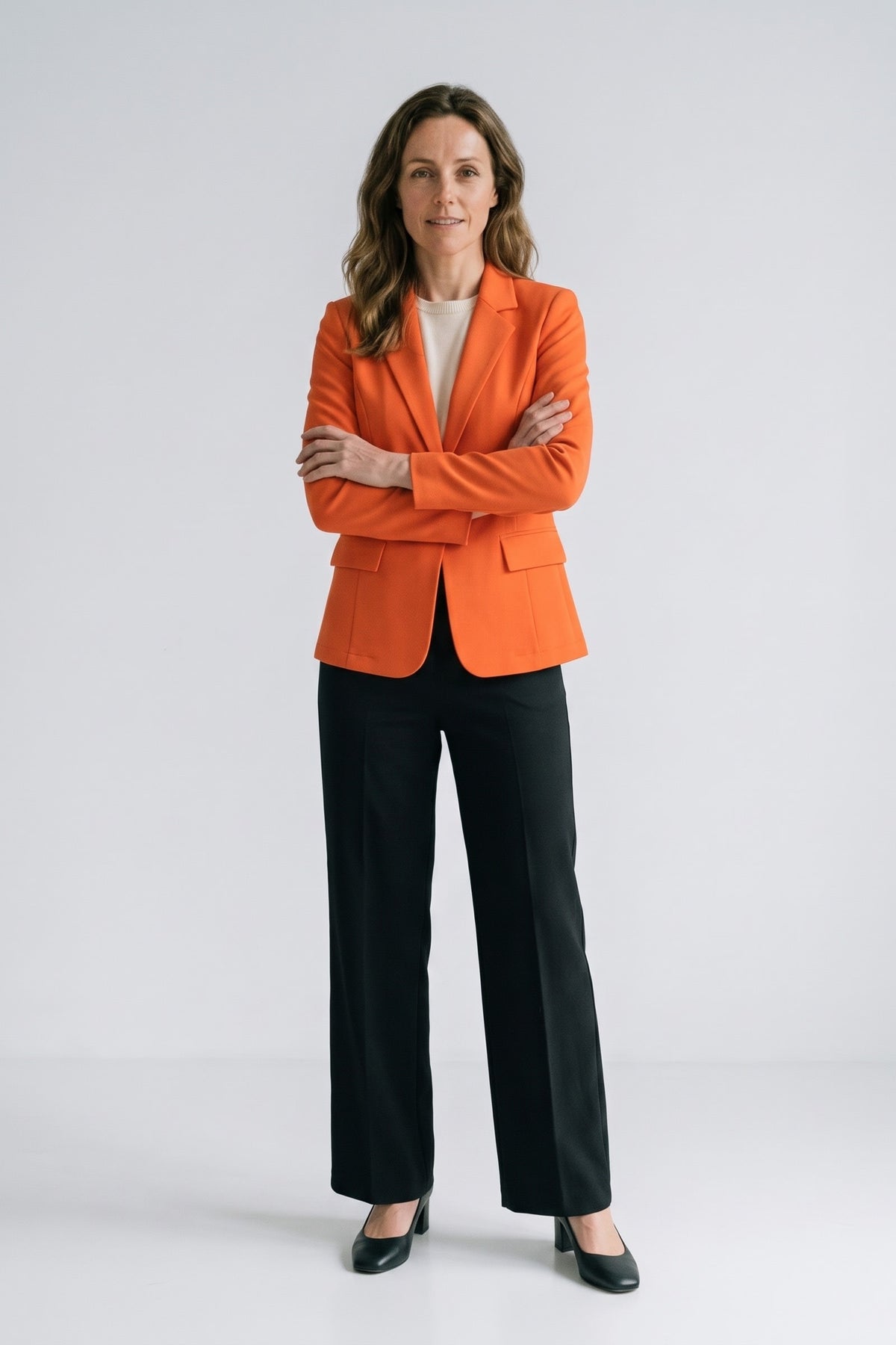 Women's Longline Blazer | Notched Lapel — Orange — front view — on model