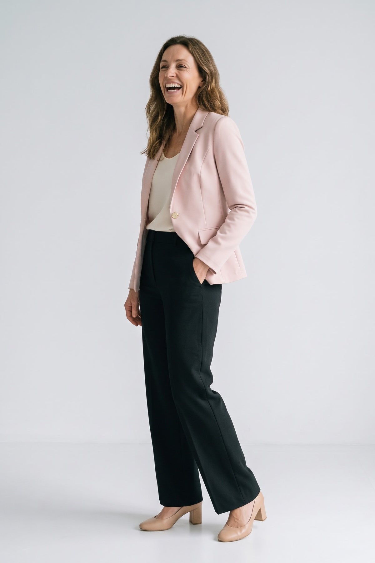 Women's Longline Blazer | Notched Lapel — Pink — front view — on model