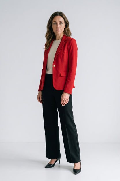 Women's Longline Blazer | Notched Lapel — Red — front view — on model