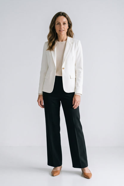 Women's Longline Blazer | Notched Lapel — White — front view — on model