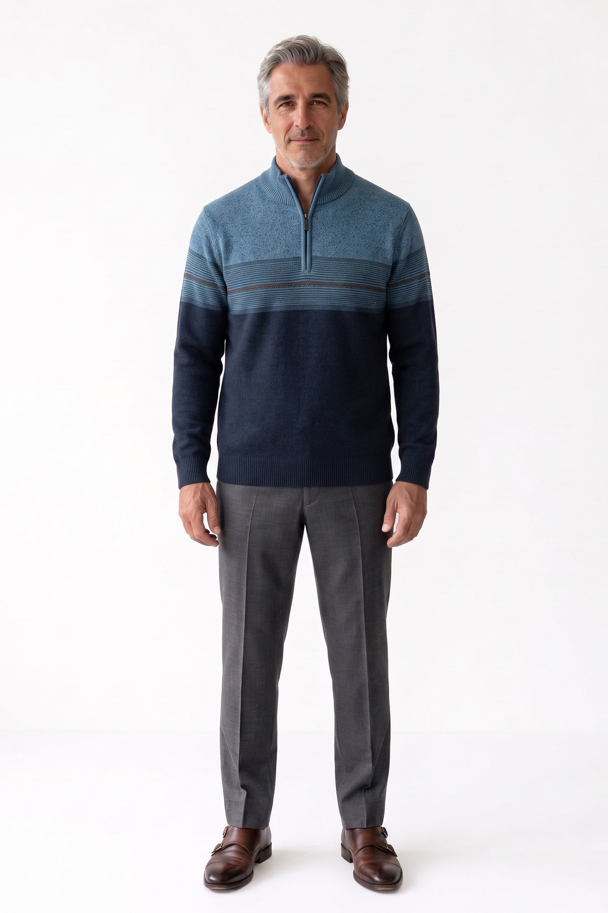Men's Quarter-Zip Sweater | Striped — Blue — front view — on model