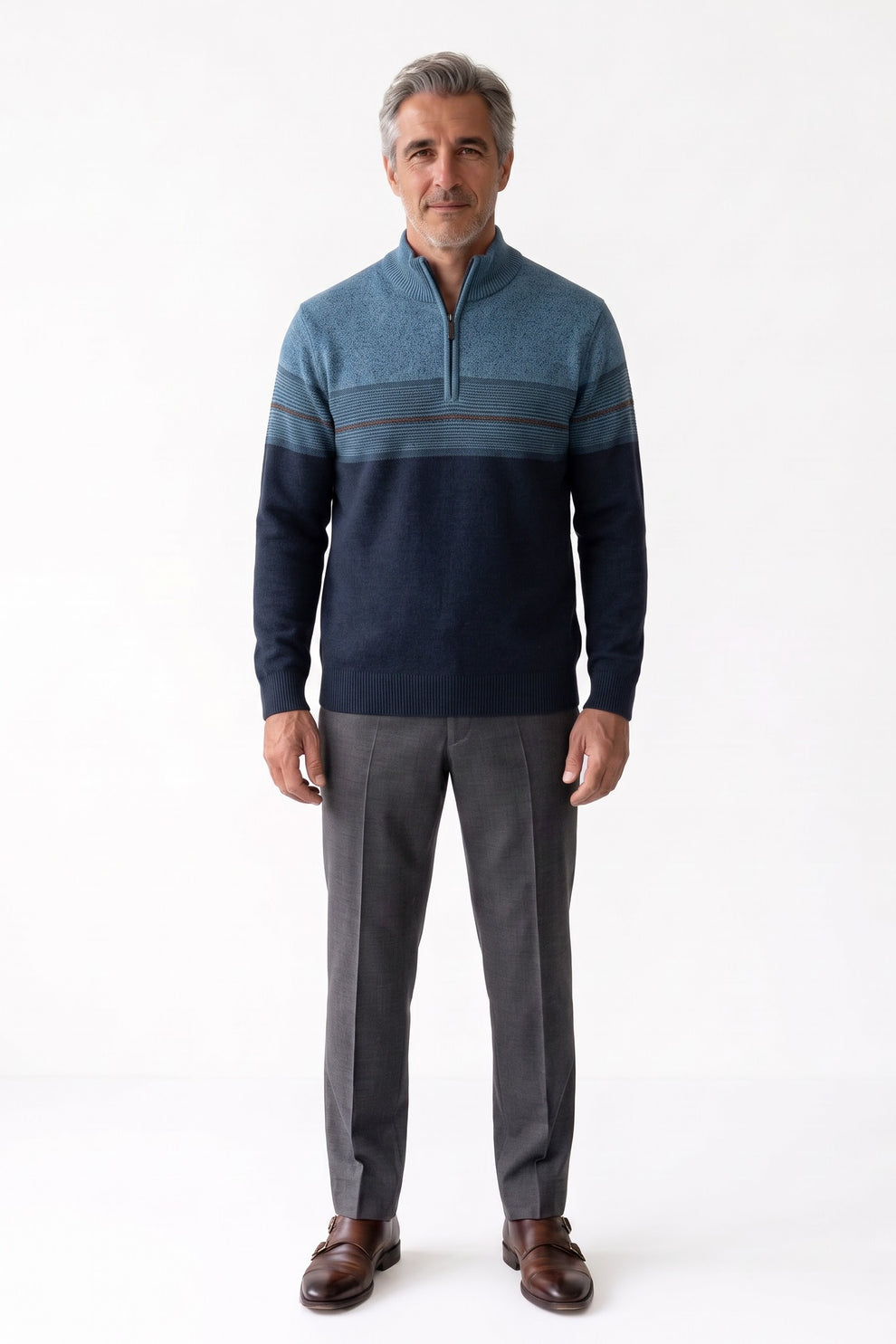 Men's Quarter-Zip Sweater | Striped — Blue — front view — on model
