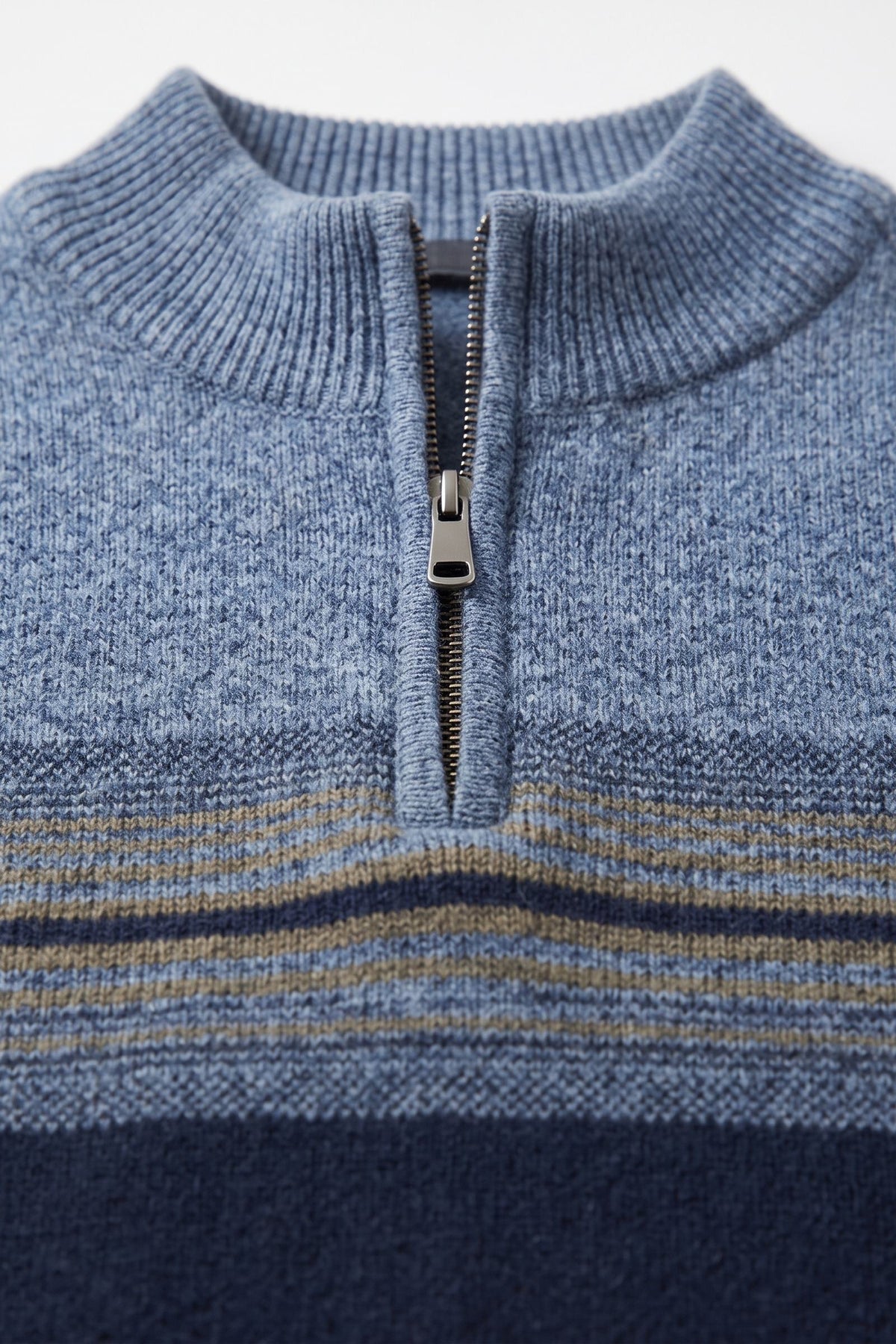 Men's Quarter-Zip Sweater | Striped — Dark Blue — detail — on model