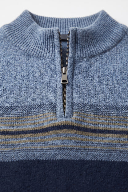 Men's Quarter-Zip Sweater | Striped — Dark Blue — detail — on model