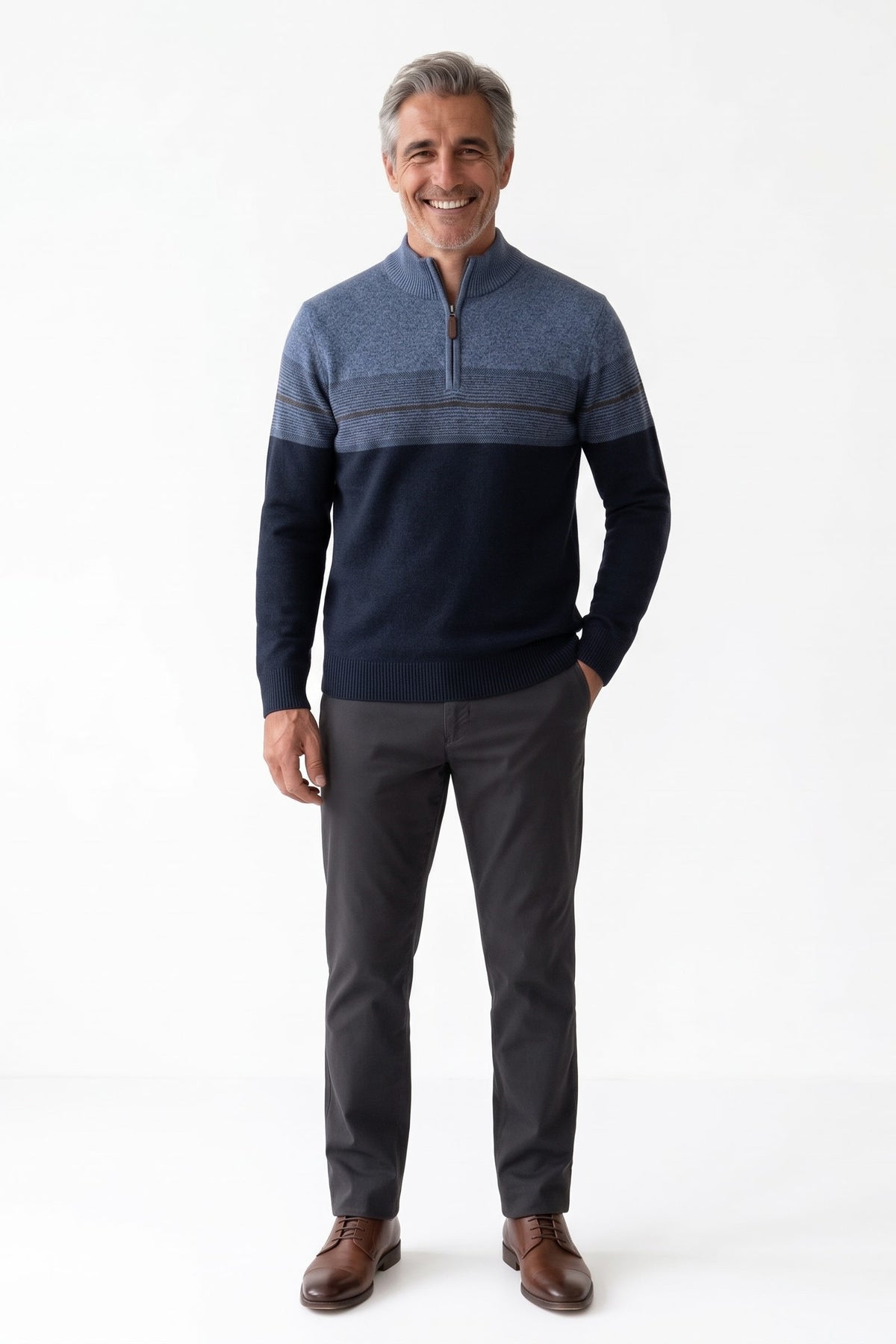Men's Quarter-Zip Sweater | Striped — Dark Blue — front view — on model