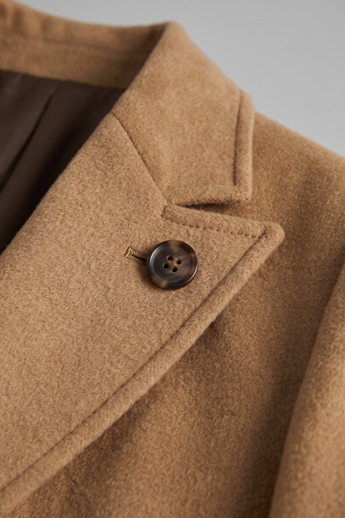 Men's Double-Breasted Coat | Peak Lapel — Khaki — detail — on model