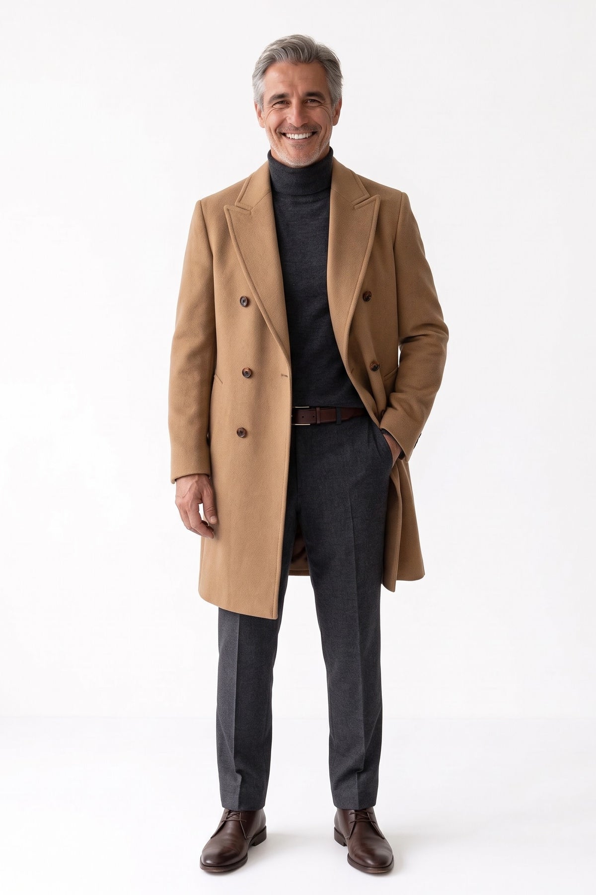 Men's Double-Breasted Coat | Peak Lapel — Khaki — front view — on model