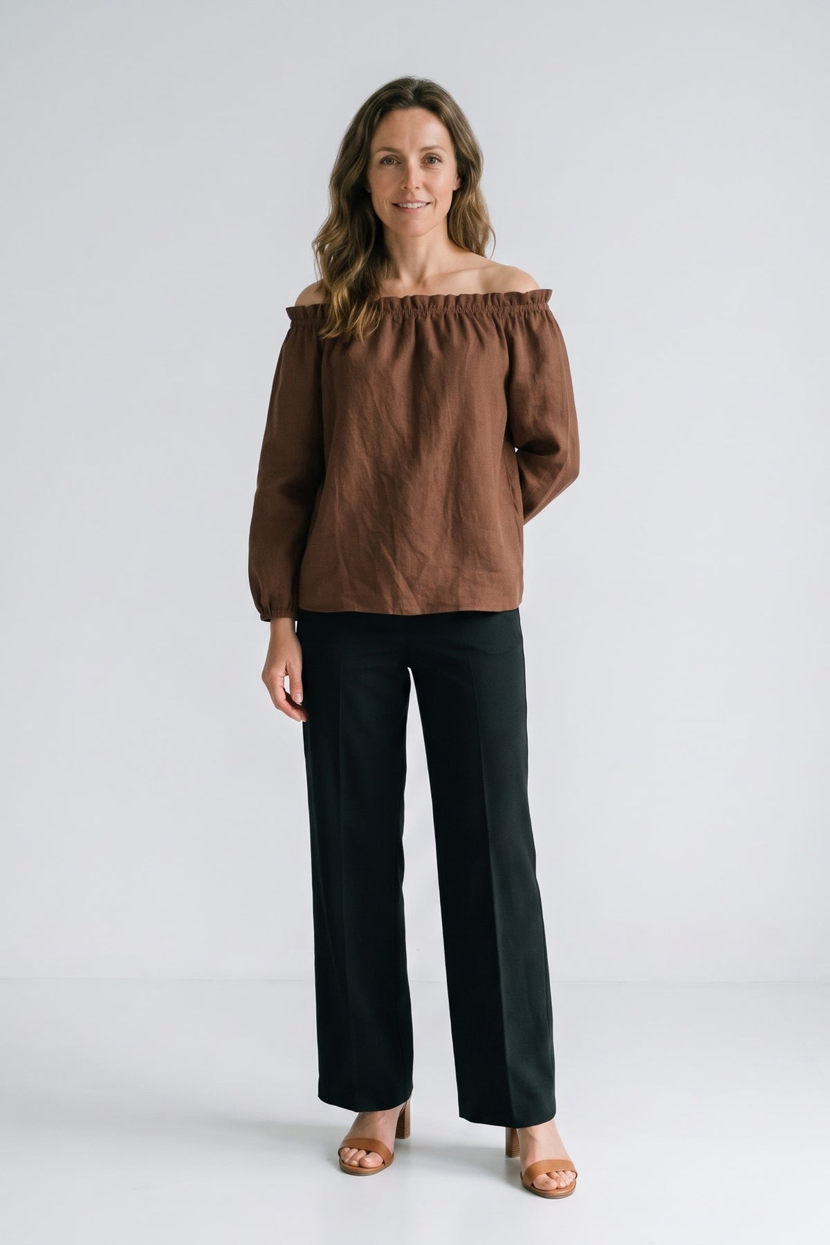 Women's Off-Shoulder Blouse | Long Sleeves — Brown — front view — on model