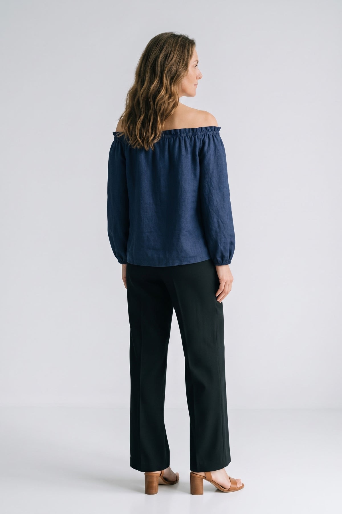 Women's Off-Shoulder Blouse | Long Sleeves — Navy — back view — on model