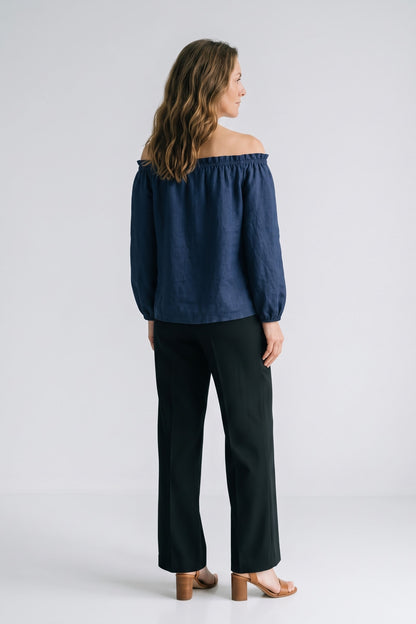 Women's Off-Shoulder Blouse | Long Sleeves — Navy — back view — on model