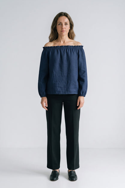 Women's Off-Shoulder Blouse | Long Sleeves — Navy — front view — on model