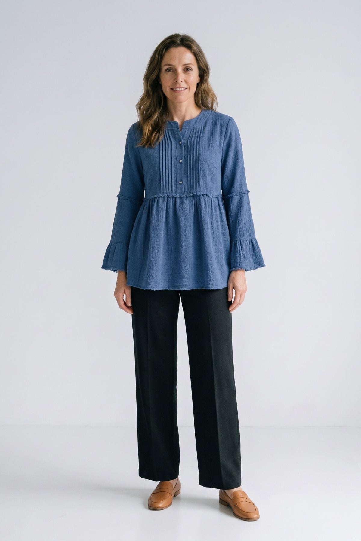 Women's Peplum Blouse | Ruffle Sleeves — Blue — front view — on model
