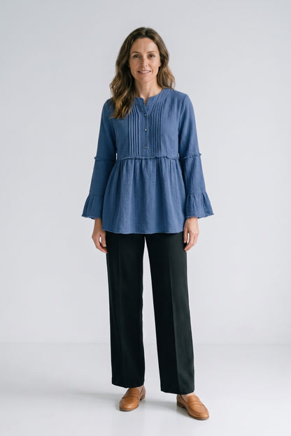 Women's Peplum Blouse | Ruffle Sleeves — Blue — front view — on model