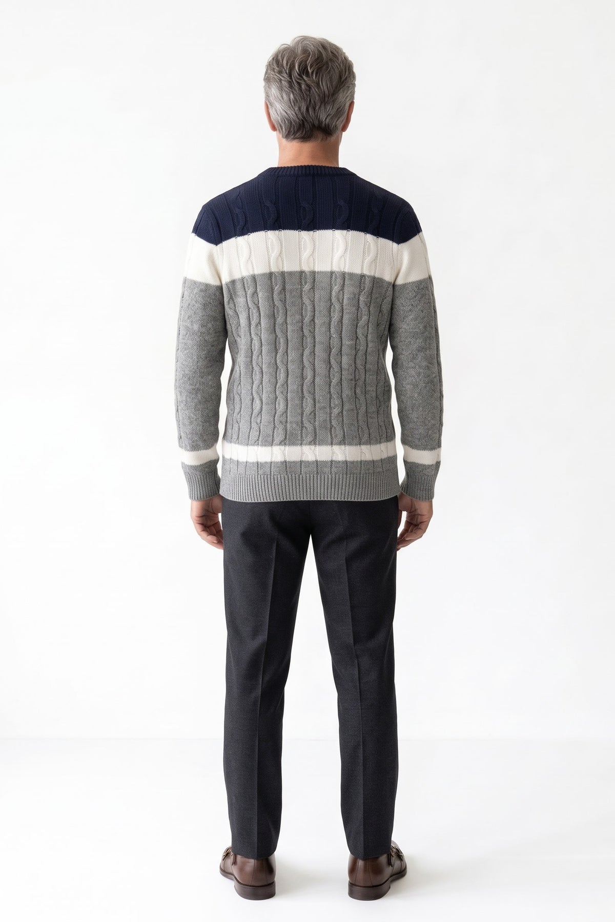 Men's Cable Sweater | Color-Block Crew — Grey — back view — on model