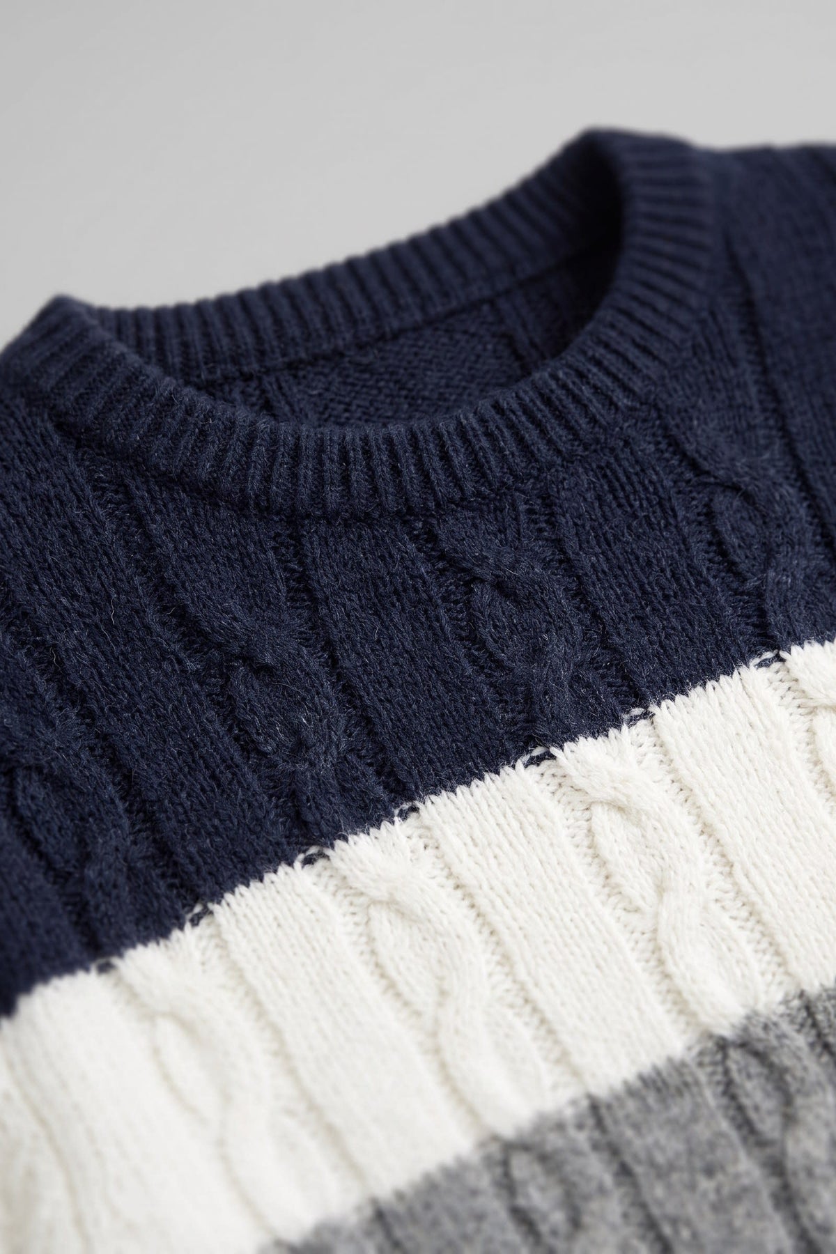 Men's Cable Sweater | Color-Block Crew — Grey — detail — on model