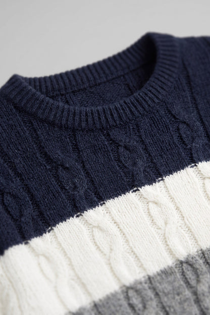Men's Cable Sweater | Color-Block Crew — Grey — detail — on model
