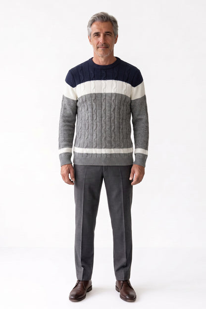 Men's Cable Sweater | Color-Block Crew — Grey — front view — on model