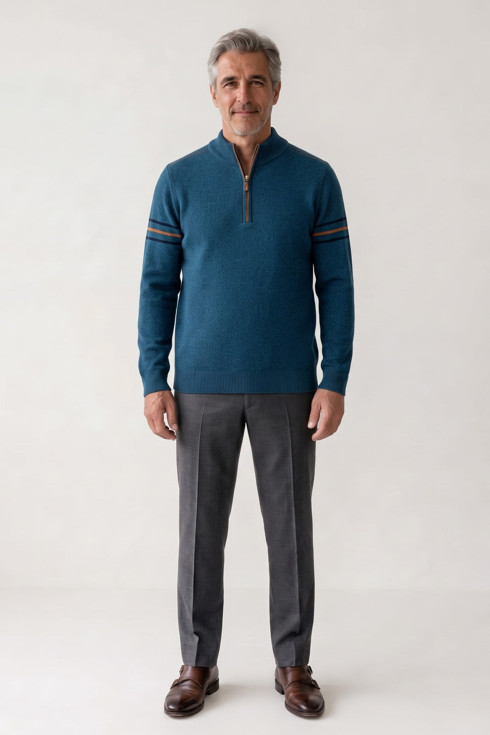 Men's Quarter-Zip Sweater | Stand Collar — Blue — front view — on model