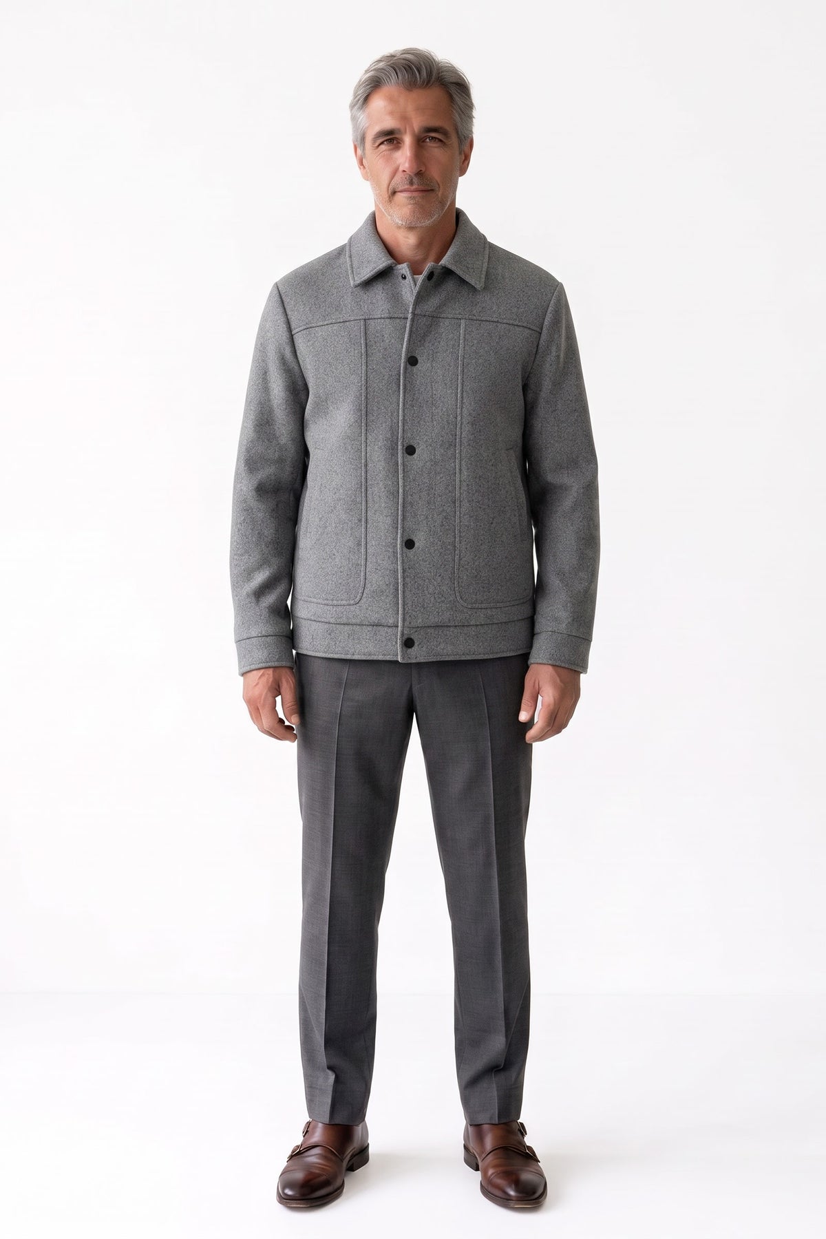 Men's Button-Front Jacket | Shirt Collar — Grey — front view — on model