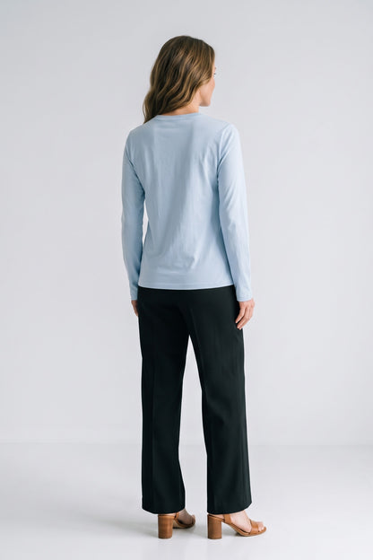 Women's Long Sleeve Shirt | Side Slits — Blue — back view — on model