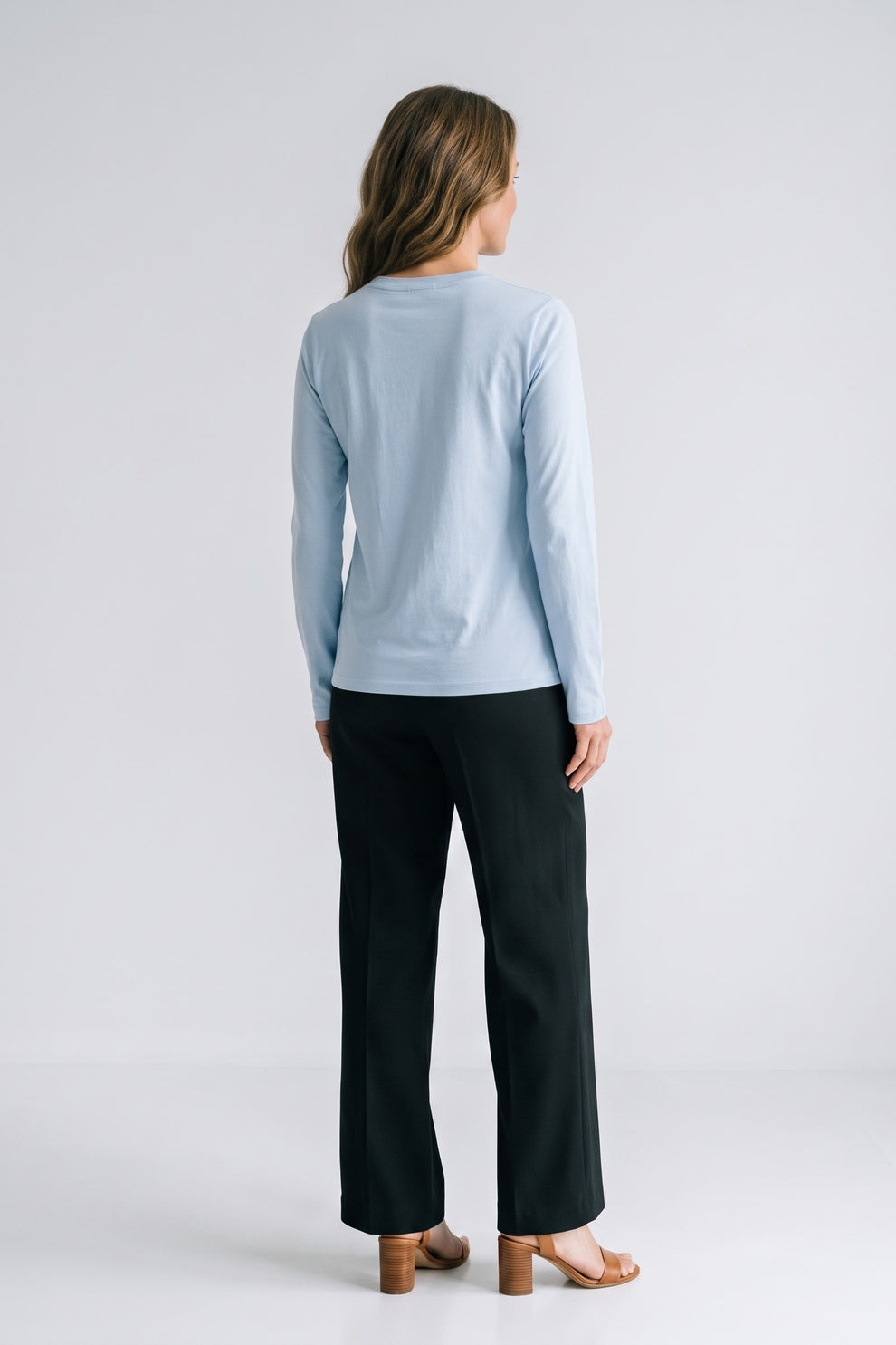 Women's Long Sleeve Shirt | Side Slits — Blue — back view — on model