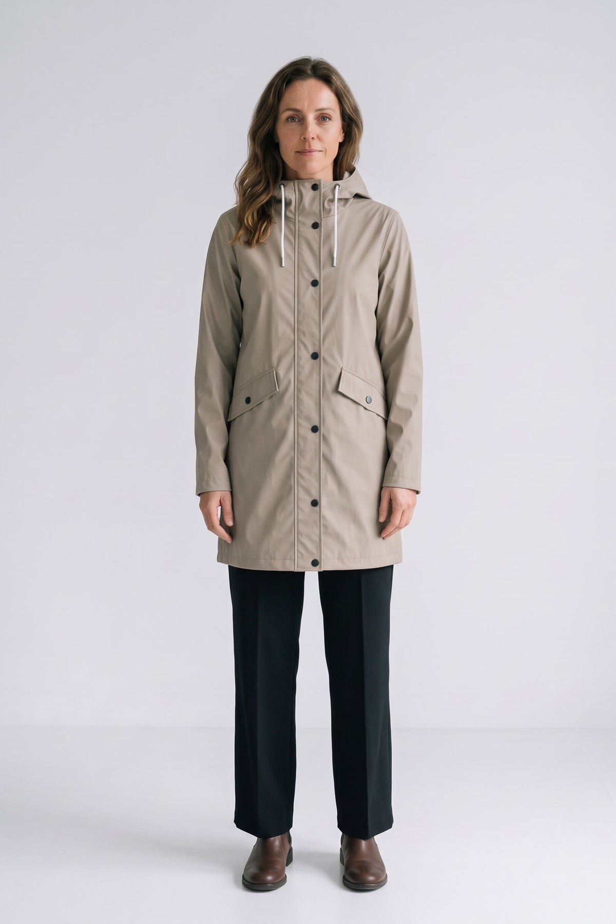 Women's Hooded Raincoat | Button Front — Beige — front view — on model