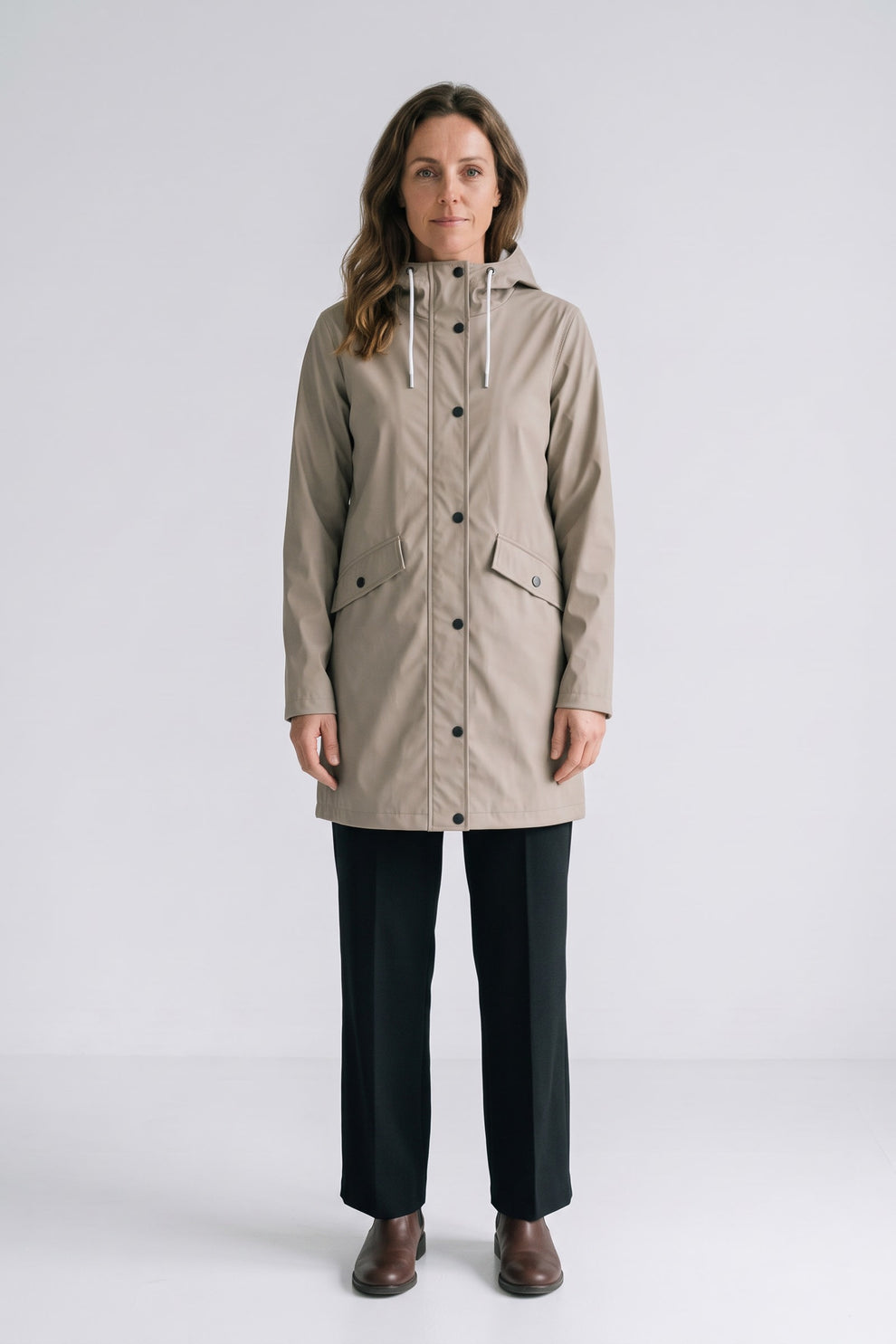 Women's Hooded Raincoat | Button Front — Beige — front view — on model