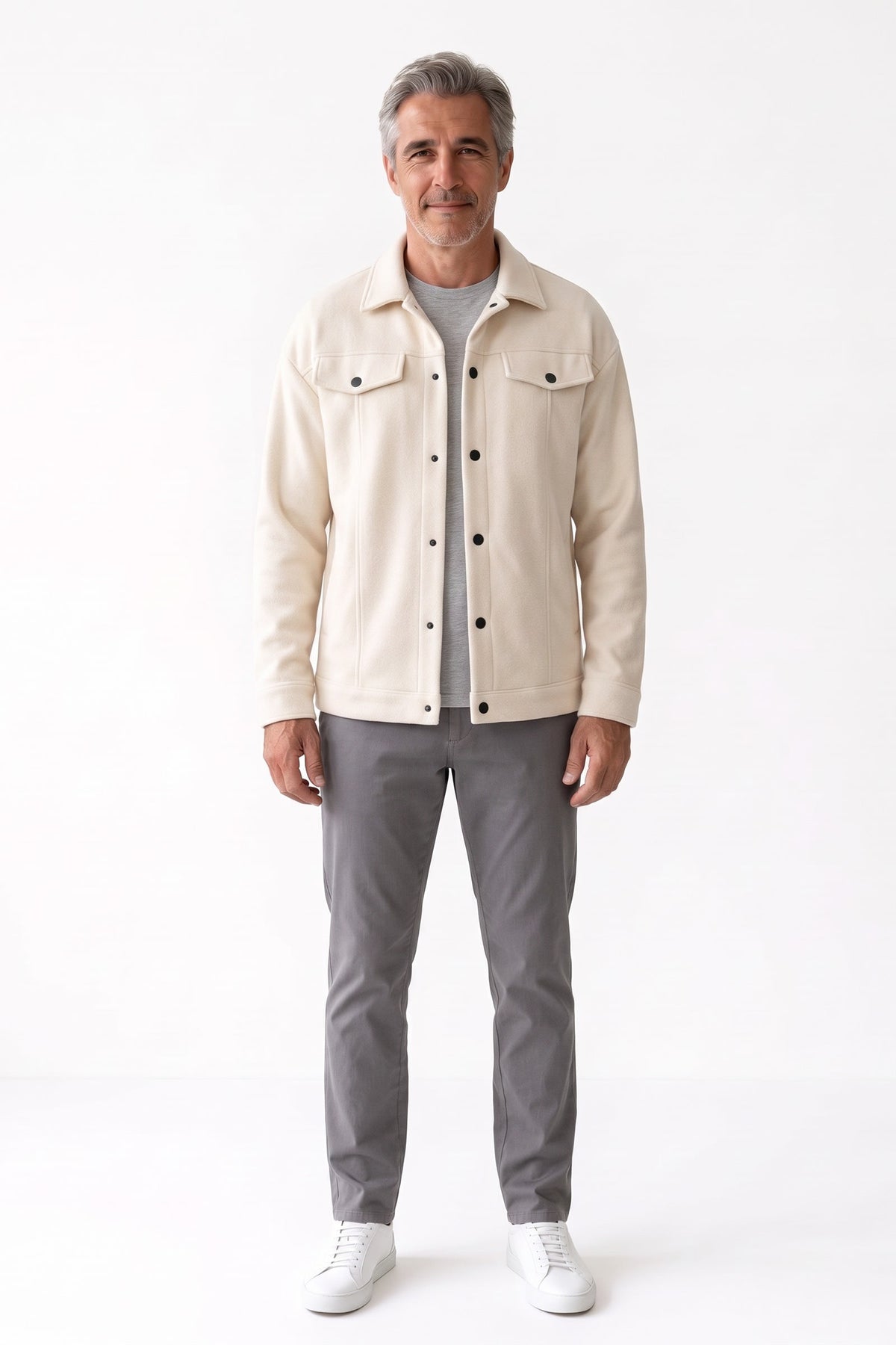 Men's Trucker Jean Jacket | Snap Closure — Beige — front view — on model