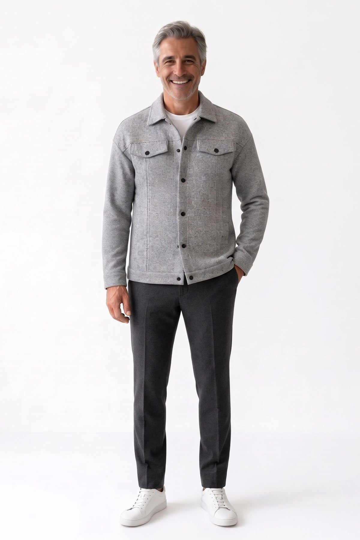 Men's Trucker Jean Jacket | Snap Closure — Light Grey — front view — on model