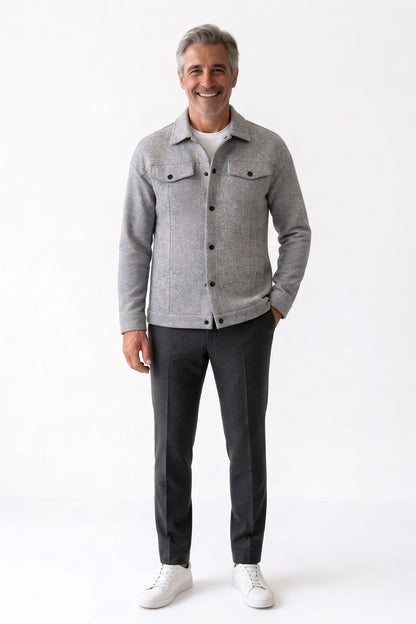 Men's Trucker Jean Jacket | Snap Closure — Light Grey — front view — on model