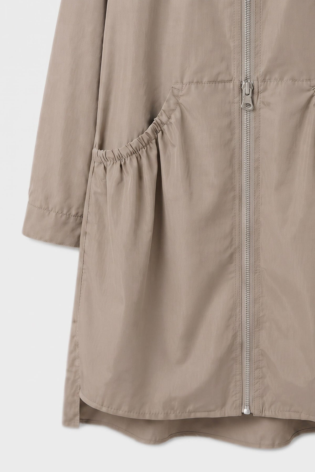 Women's Hooded Long Jacket | Front Zip — Beige — detail — on model