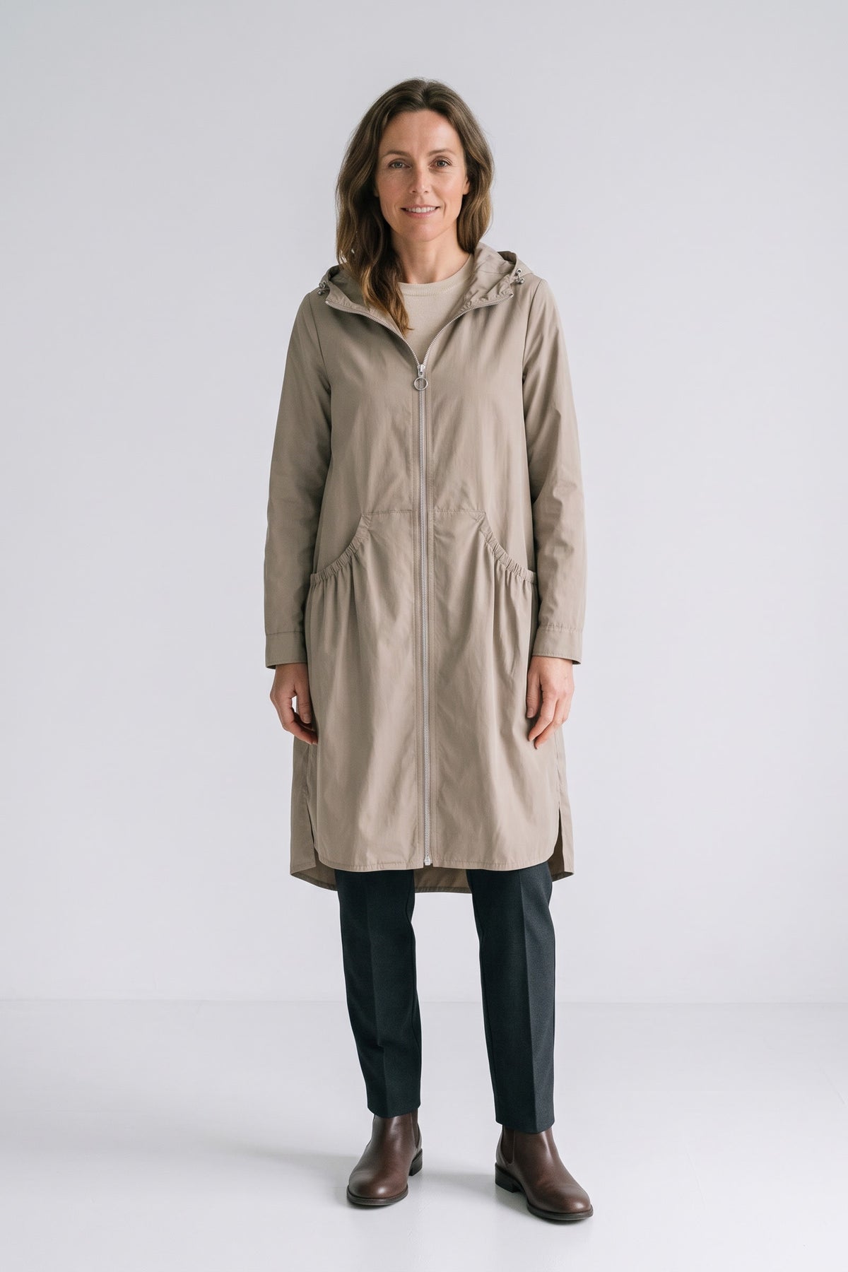 Women's Hooded Long Jacket | Front Zip — Beige — front view — on model