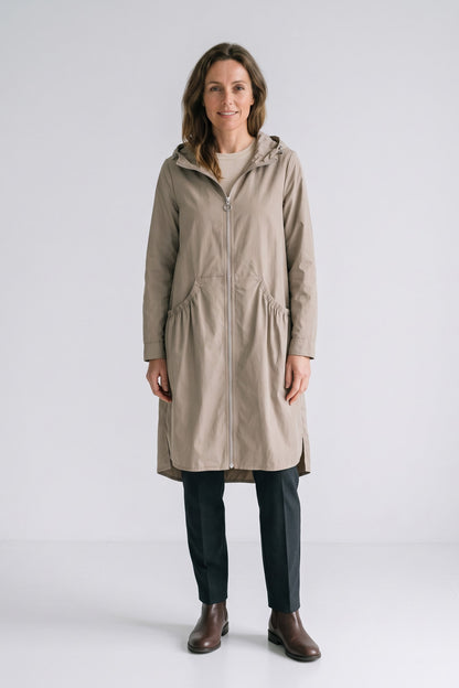 Women's Hooded Long Jacket | Front Zip — Beige — front view — on model
