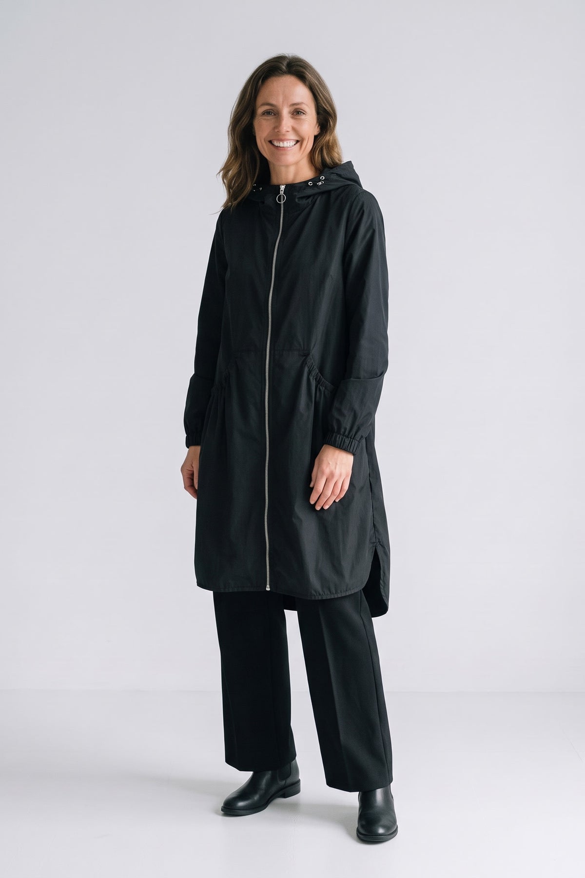 Women's Hooded Long Jacket | Front Zip — Black — front view — on model