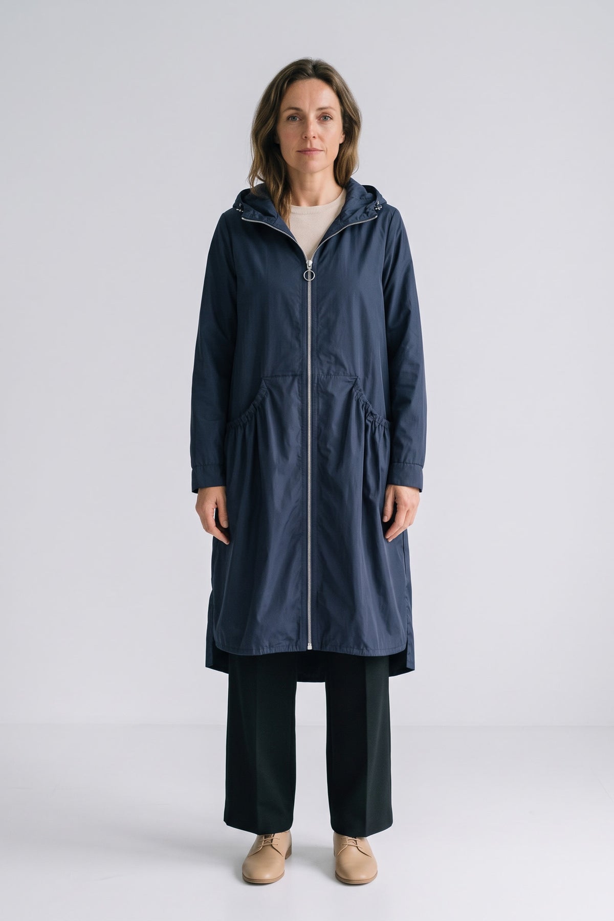 Women's Hooded Long Jacket | Front Zip — Dark Blue — front view — on model